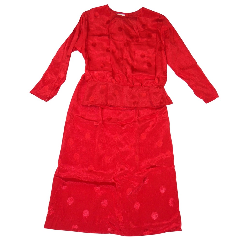 Vintage Galina Red Satin Polka Dot Jacquard Top and‎ Midi Skirt Set Size 10